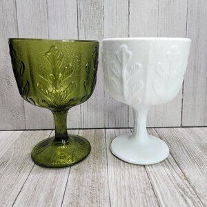 Vtg FTD Goblet Stem Embossed Oak Leaf Texture Green White 6" Tall Set Of 2